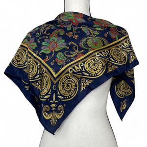 Honey Silk Scarf Vintage Chiffon Navy Blue Gold Paisley Print Square 30"